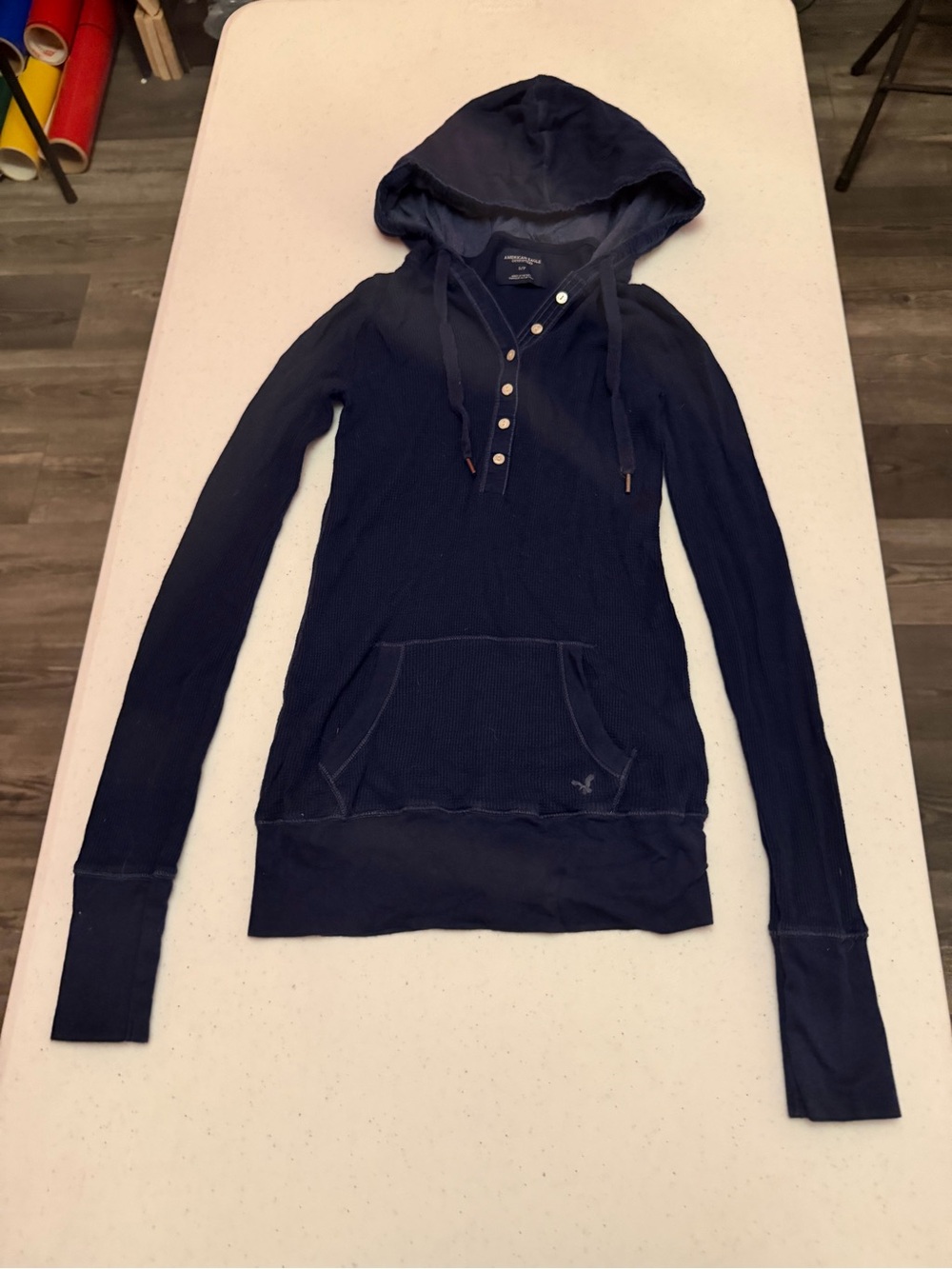 American Eagle Outfitters Navy Waffle Knit Hooded Henley